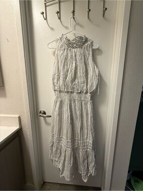 Just...Taylor White and Navy Striped Sleeveless High-Neck Midi Dress with Ruffle